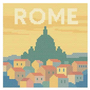 Puede incluir: Imagen de estilo punto de cruz de Roma, con la palabra "ROME" en letras blancas sobre una silueta verde de un edificio. Debajo, edificios coloridos con tejados rojos, amarillos y azules. El fondo es un degradado de amarillo y naranja.