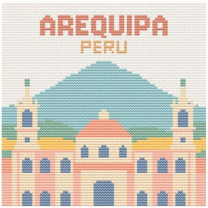 Może przedstawiać: Wzór haftu krzyżykowego przedstawiający miasto Arequipa w Peru. Obraz przedstawia szczegółową ilustrację budynków z górskim tłem. Tekst "AREQUIPA PERU" jest wyszyty u góry w kolorze pomarańczowym i żółtym.