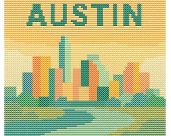 Austin Cross Stitch Pattern – 80x80 Texas Capital – Embroidery PDF – Retro Pastel City Skyline Travel Stitch Chart