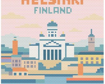 City Helsinki Cross Stitch Pattern - 80x80 Finland Nordic Design - Retro Pastel Travel Gift PDF