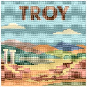 May include: Cross-stitch artwork depicting a landscape with the word "TROY" in brown letters at the top. The scene includes a blue sky with clouds, rolling hills in shades of green, orange, and pink, and two white columns.