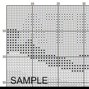 May include: A cross-stitch pattern grid with a design composed of black dots, symbols, and open squares. The word "SAMPLE" is printed at the bottom. The grid is divided into numbered sections.