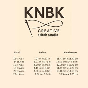 May include: Cream-colored image with the text "KNBK CREATIVE stitch studio." Below, a table lists fabric sizes in inches and centimeters, including 7.27 in x 7.27 in (18.47 cm x 18.47 cm) and 3.64 in x 3.64 in (9.25 cm x 9.25 cm).
