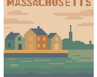 Patrón de punto de cruz de Massachusetts (estado de EE. UU., 80 x 80) – PDF de bordado – Gráfico de puntadas de viaje a Nueva Inglaterra en tonos pastel retro