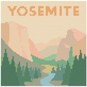 May include: Cross-stitch landscape art featuring the word "YOSEMITE" in orange letters at the top. The scene depicts mountains, trees, and a river in shades of green, blue, pink, and beige, creating a textured, handcrafted appearance.