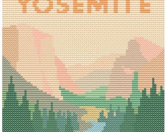 Yosemite Cross Stitch Pattern – 80x80 National Park – Embroidery PDF – Retro Pastel Valley Mountain Travel Stitch