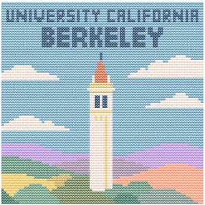 Puede incluir: Diseño de punto de cruz con la Universidad de California, Berkeley. La imagen muestra la palabra "BERKELEY" en letras azul oscuro, con las palabras "UNIVERSITY CALIFORNIA" encima. Una torre blanca alta con una parte superior roja y amarilla está en el centro, con cielo azul y nubes.