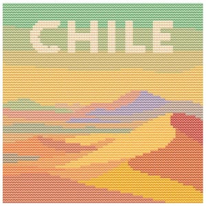 May include: A colorful, pixelated illustration featuring the word "CHILE" in white block letters above a landscape. The landscape depicts rolling hills in shades of orange, yellow, purple, and green, evoking a warm, desert-like scene.