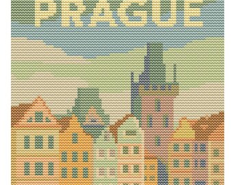Prague Cross Stitch Pattern – 80x80 Czech City Embroidery – Retro Medieval Pastel Printable PDF – Digital Needlework Pattern Chart