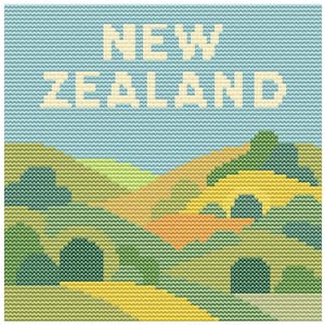 May include: Cross-stitch artwork featuring the text "NEW ZEALAND" in cream-colored block letters against a light blue sky. Below, a landscape of rolling hills in shades of green, yellow, and orange.