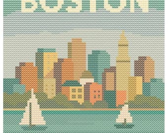 Boston Cross Stitch Pattern – 80x80 Massachusetts Capital – Embroidery PDF – Retro Pastel City Skyline Travel Stitch Chart