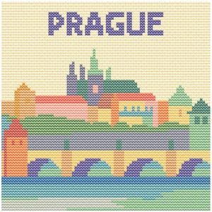 May include: Cross-stitch design featuring the word "PRAGUE" above a colorful depiction of the city's skyline. The image showcases buildings, bridges, and water, all rendered in a pixelated, cross-stitch style with a variety of colors.