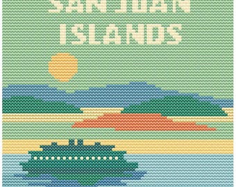 San Juan Islands Ferry Cross Stitch Pattern – 80x80 Washington Landmark – Retro Pastel Coastal Travel Stitch Chart
