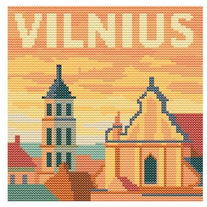 Puede incluir: Diseño de punto de cruz con la palabra "VILNIUS" sobre un paisaje urbano. La imagen muestra edificios en tonos naranja, amarillo y turquesa, con una torre y una iglesia. El cielo es un degradado de amarillo y naranja.