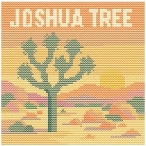 May include: A cross-stitch design with the text "JOSHUA TREE" above a Joshua tree in a desert scene. The artwork uses warm colours like orange, yellow, and pink to depict the sunset and desert landscape, with a textured, stitched appearance.