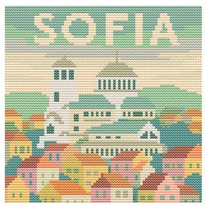 May include: Cross-stitch artwork featuring the word "SOFIA" above a detailed cityscape. The buildings are rendered in a variety of colors, including pink, orange, and teal, with a light green sky. The style is reminiscent of vintage needlepoint.