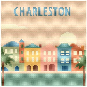 May include: A cross-stitch design featuring a colorful Charleston cityscape. The word "CHARLESTON" is stitched across the top in blue. The scene includes a row of pastel-colored buildings, a body of water, and palm trees.