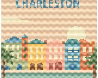 Charleston Rainbow Row Cross Stitch Pattern – 80x80 South Carolina Landmark – Retro Pastel City Travel Stitch Chart