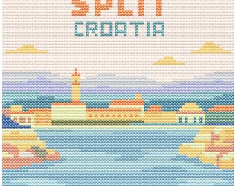 Heritage Split Cross Stitch Pattern - 80x80 Croatia Coastal City - Retro Pastel Travel Gift PDF