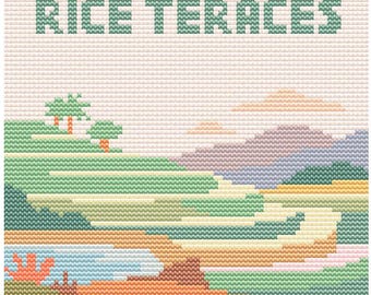 Rice Terraces Cross Stitch Pattern – 80x80 UNESCO Cultural Landscape Asia – Retro Pastel Travel PDF