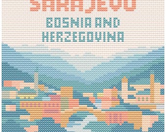 Heritage Sarajevo Cross Stitch Pattern - 80x80 Bosnia City Design - Retro Pastel Travel Gift PDF