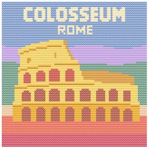 May include: A cross-stitch design of the Colosseum in Rome. The illustration features the iconic amphitheater in shades of yellow and red, set against a backdrop of blue, purple, and green. The text "COLOSSEUM ROME" is stitched across the top.