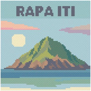 May include: Cross-stitch artwork depicting a mountain landscape with the text "RAPA ITI" at the top. The scene includes a mountain, ocean, sun, and clouds, all rendered in a pixelated style with various colors.