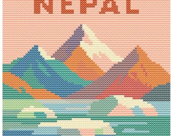 Everest Base Camp Cross Stitch Pattern – 80x80 Nepal Landmark – Retro Pastel Mountain Travel Stitch Chart