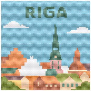UNESCO historiska Riga korsstygnsmönster – 80x80 baltisk stadslandmärke – Retro pastell rese PDF