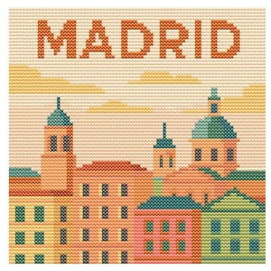 May include: A cross-stitch design featuring the city of Madrid. The image showcases a skyline with buildings in shades of orange, pink, and green, topped with teal domes and towers. The word "MADRID" is stitched across the top in orange.