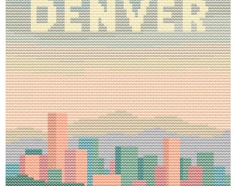 Denver Cross Stitch Pattern – 80x80 Colorado Capital – Embroidery PDF – Retro Pastel Mountains Travel Stitch Chart