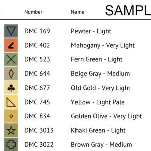 May include: A chart for cross-stitch projects with the word "SAMPLE" at the top. The chart lists symbols, DMC thread numbers, thread names, and stitch counts. Colors include pewter, mahogany, fern green, beige gray, old gold, yellow, golden olive, khaki green, and brown gray.