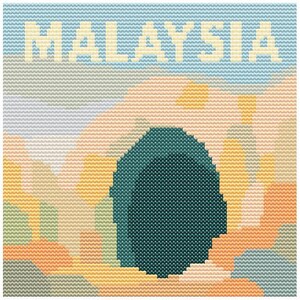 May include: A cross-stitch design featuring the word "MALAYSIA" in cream-colored letters against a light blue sky. Below, a teal-colored shape is surrounded by a landscape of orange, yellow, and gray hues, creating a textured, pixelated effect.