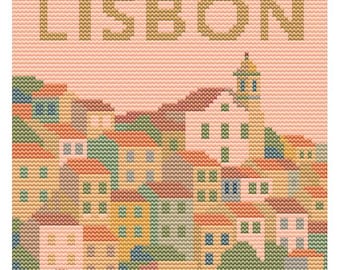 Lisbon Cross Stitch Pattern – 80x80 Portuguese City Embroidery – Retro Pastel Printable PDF – Digital Needlework Pattern Chart