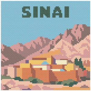 May include: Cross-stitch artwork depicting a landscape scene. The word "SINAI" is stitched across the top in green. The scene features mountains in shades of pink and brown, a blue sky, and buildings in orange and yellow.