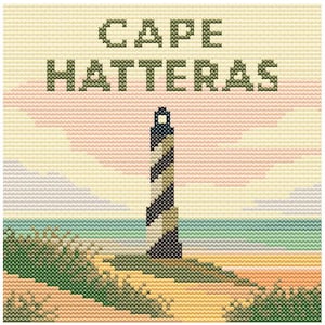 May include: Cross-stitch design featuring a lighthouse with black and white stripes, set against a beach and ocean scene. The text "CAPE HATTERAS" is stitched above the lighthouse. The color palette includes shades of beige, green, blue, and pink.
