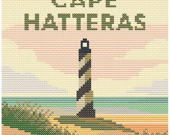 Cape Hatteras Lighthouse Cross Stitch Pattern – 80x80 North Carolina Landmark – Retro Pastel Coastal Travel Stitch Chart