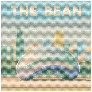 May include: Cross-stitch artwork depicting the Chicago Bean sculpture against a cityscape. The piece uses blue, green, yellow, and beige threads, with the text "THE BEAN" above. The image has a textured, pixelated look, typical of cross-stitch.