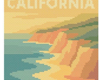 California Cross Stitch Pattern – 80x80 US State – Embroidery PDF – Retro Pastel Coastal Landscape Travel Stitch Chart