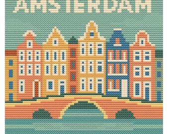 Amsterdam Cross Stitch Pattern – 80x80 Dutch City Embroidery – Retro Pastel Printable PDF – Digital Needlework Pattern Chart