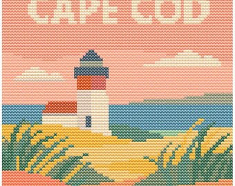 Cape Cod Lighthouse Cross Stitch Pattern – 80x80 Massachusetts Landmark – Retro Pastel Coastal Travel Stitch Chart