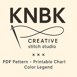 May include: Cream-colored graphic with the text "KNBK" in a bold, dark brown font. Below, a needle and thread form a continuous loop, with "CREATIVE stitch studio" beneath. Additional text includes "PDF Pattern &bull; Printable Chart &bull; Color Legend."