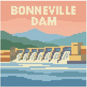 Könnte beinhalten: Ein Kreuzstich-Design mit dem Bonneville-Staudamm. Das Kunstwerk zeigt den Staudamm mit fließendem Wasser, Bergen und einem Sonnenuntergangshimmel. Der Text "BONNEVILLE DAM" ist oben in Creme gestickt.