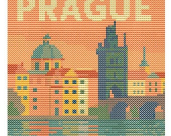 Prague Cross Stitch Pattern – 80x80 Czech City Embroidery – Retro Medieval Pastel Printable PDF – Digital Needlework Pattern Chart