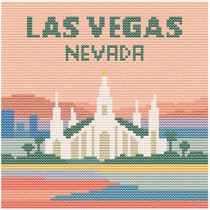 Könnte beinhalten: Kreuzstichmuster mit dem Text "LAS VEGAS NEVADA" über einem weißen Gebäude mit Türmen, vor einem pastellfarbenen Sonnenuntergang. Das Design beinhaltet eine farbenfrohe Landschaft.