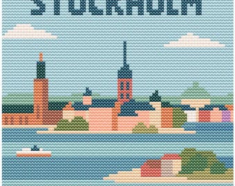 UNESCO Stockholm Cross Stitch Pattern – 80x80 Historic Gamla Stan Landmark – Retro Pastel Travel PDF