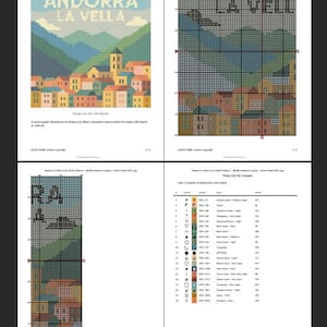 May include: A cross-stitch pattern titled "Andorra la Vella" with a retro pastel design. The image features a colorful illustration of a mountain scene with buildings and the text "ANDORRA LA VELLA". The design size is 80 x 80 stitches.