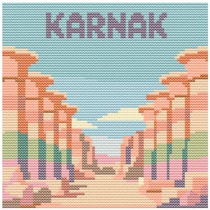 Karnak Temple Cross Stitch Pattern – 80x80 UNESCO Ancient Egyptian Complex – Retro Pastel PDF