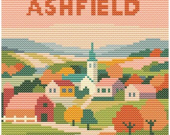 Modèle de point de croix d'automne Ashfield Massachusetts – 80 x 80 Autumn Hill Town – rétro pastel PDF