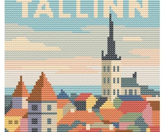 Patrón de punto de cruz de Tallin (80 x 80 cm), bordado de ciudad estonia, PDF imprimible retro pastel, gráfico de patrones de costura digital